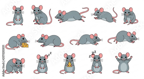 Cute cartoon mice in various poses and emotions on white background