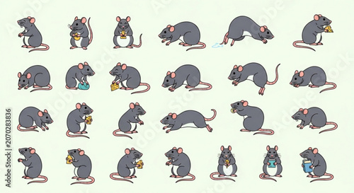Set of cartoon gray mice in various poses