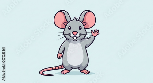 Friendly cartoon mouse waves hand standing alone