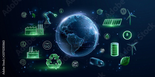Digital Earth with Green Technology Icons