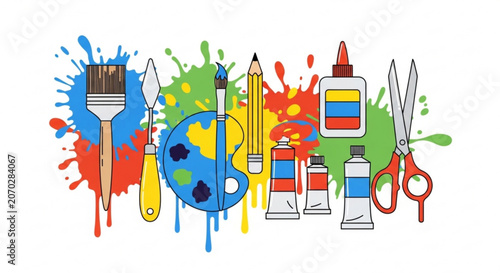 Colorful art supplies arranged with paint splatters