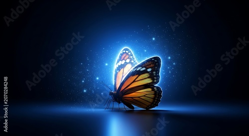 Glowing Monarch Butterfly Illuminated by Neon Blue Aura.