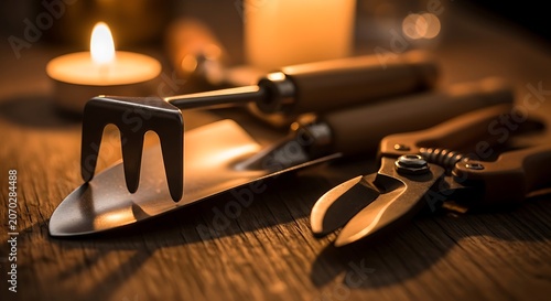 Warm Candlelit Close Up of Vintage Tools on Wood.
