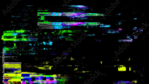 Abstract digital glitch background with horizontal scanlines, static noise, and signal interference on black. Futuristic tech texture useful for screens, overlays, distortion effects