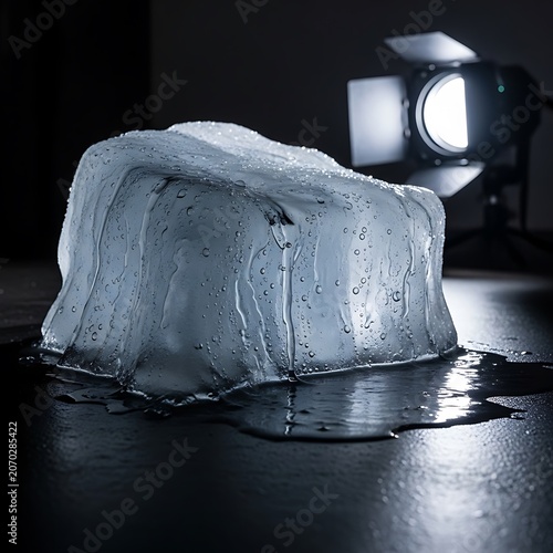 Ice Block Beneath Studio Light On Dark Surface.
