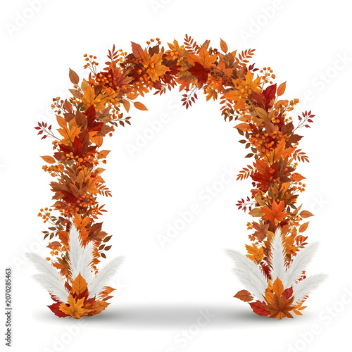 Decorative arch made of vibrant autumn leaves and flowers