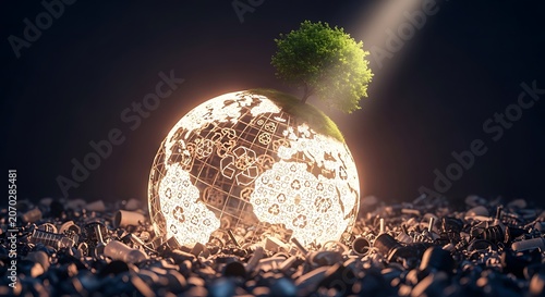 Glowing Orb Sits Among Night Forest Leaves.