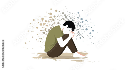 A sad young man sits alone in this minimalist flat vector illustration with dot patterns