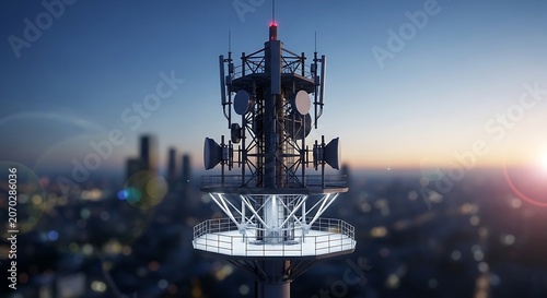 Telecommunications Antenna Tower Over City Skyline At Dusk.