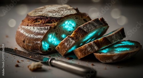 Glowing turquoise segmented object with syringe on dark surface.