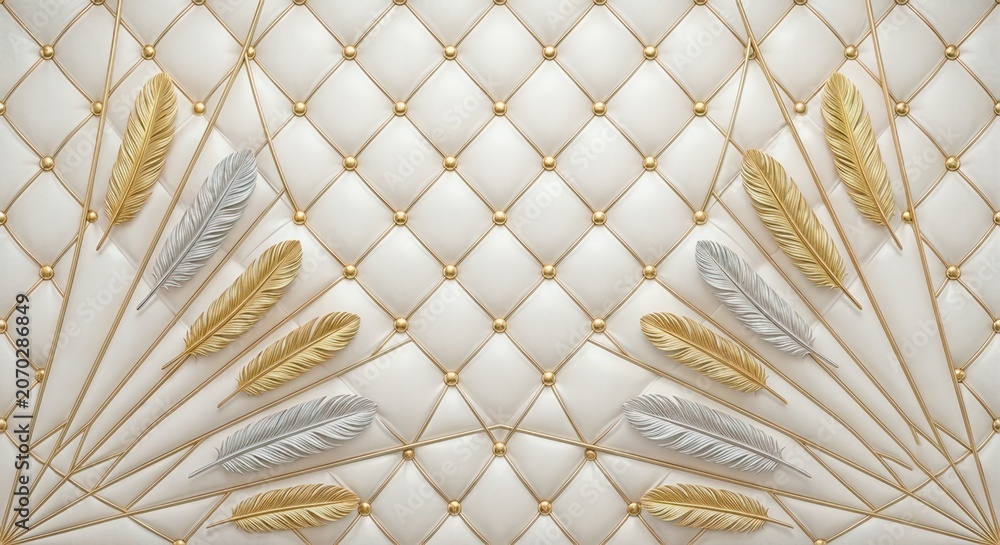 Fototapeta premium Luxurious White Quilted Leather Background with Gold Accents