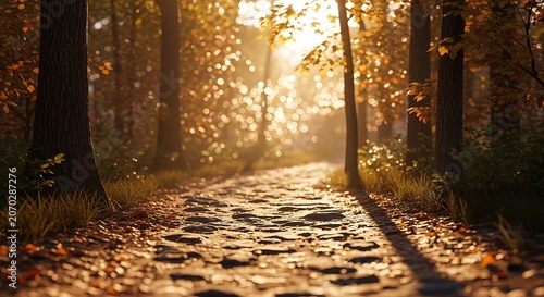 Golden Autumn Forest Path Bathed in Sunlight.