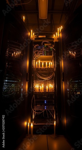 Dimly Lit Vertical Staircase With Amber Lights.