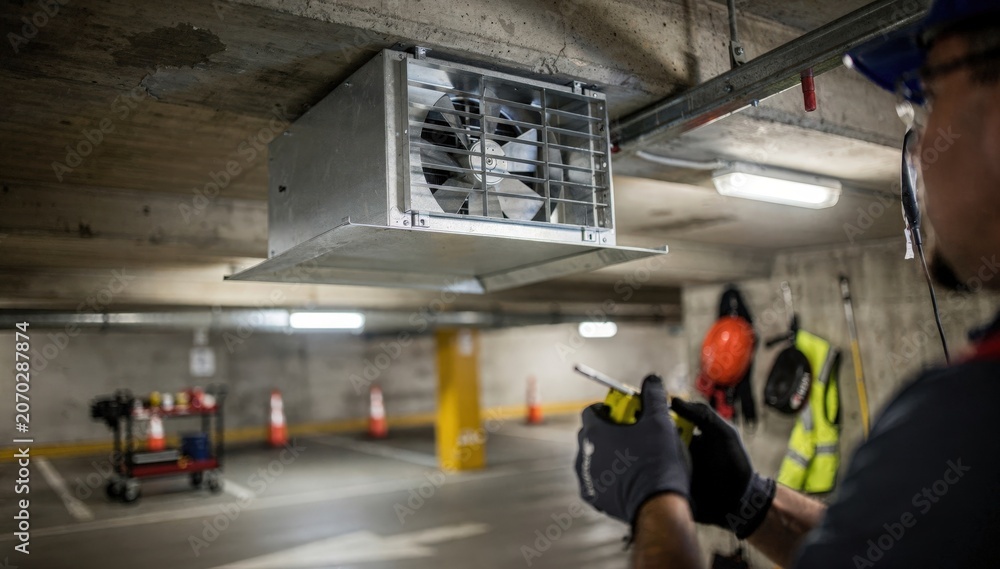 Fototapeta premium Technician inspecting a ceilingmounted garage exhaust fan with focus on the unit blurred background showing tools and safety gear in a confined parking deck.