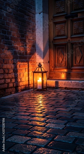 Warm Lantern Beside Brick Doorway In Night Alley.