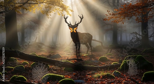 Majestic stag in sunlit autumn forest clearing.