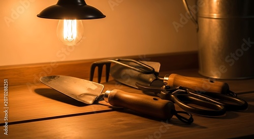 Warm Lit Vintage Tools And Knives On Wooden Desk.