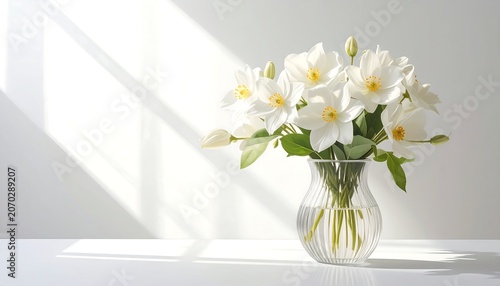 A stunning display of white, delicate blossoms in a transparent vase, bathed in soft, natural light, creating a serene, elegant composition