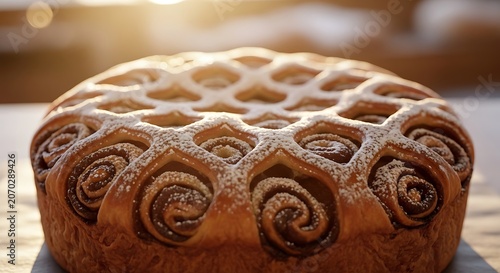Golden Cinnamon Swirl Pastry Close Up On Rustic Counter.