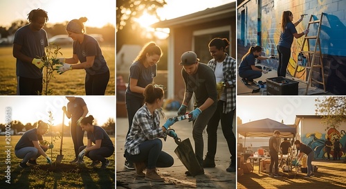 Warm Sunset Community Volunteers Helping Each Other.