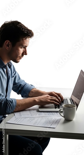 Man Working on Laptop at Desk with Papers and Mug in Bright Studio.
