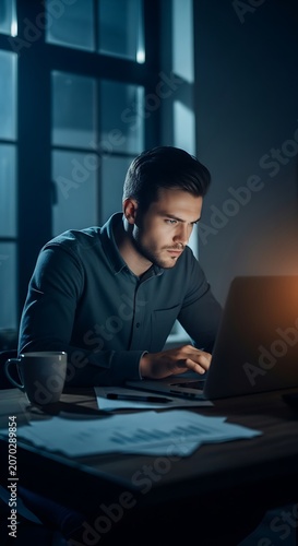 Man Working Late At Night On Laptop In Dim Office.
