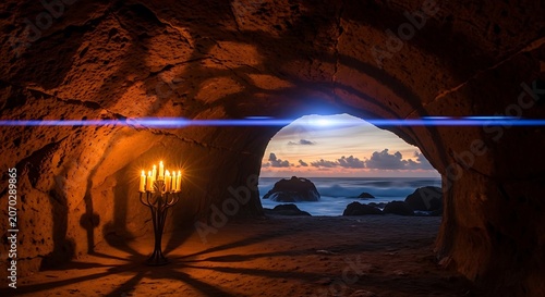 Warmly Lit Cave Tunnel With Sea View.