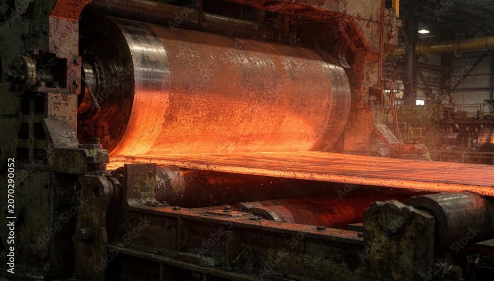 Obraz premium Side view of powerful rollers in a hot rolling mill roughing stand compressing a glowing redhot metal slab into a thinner strip showcasing industrial precision and heat.