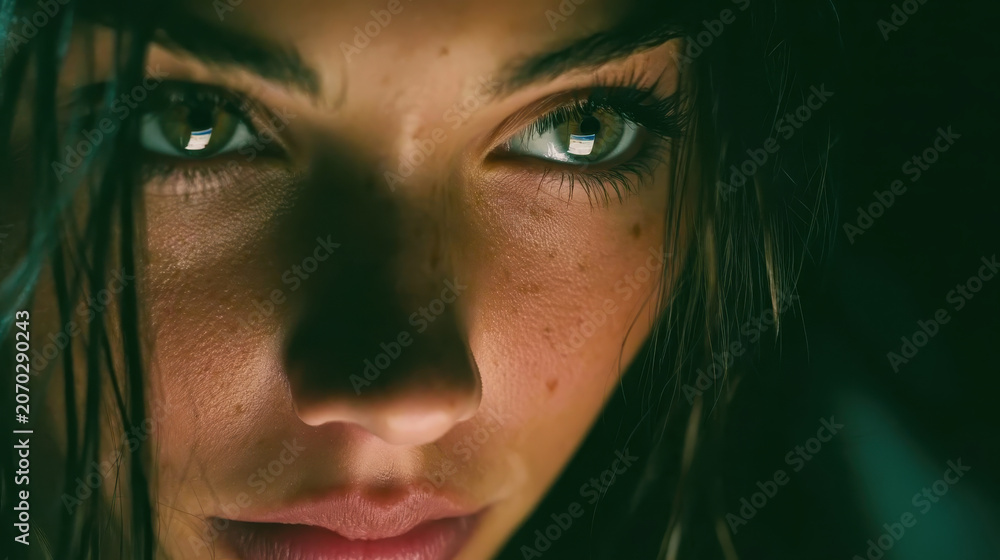 Fototapeta premium Young woman's face illuminated by smartphone screen in dark room, intense focus and connection with technology