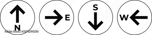 Four compass direction icons with arrows pointing north south east and west in black circles