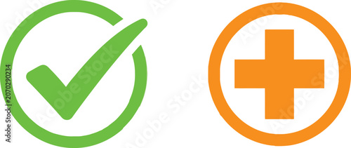Green check mark and orange plus sign icons set for web design and user interface graphics