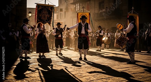 Traditional dancers gather in sunlit courtyard festival.