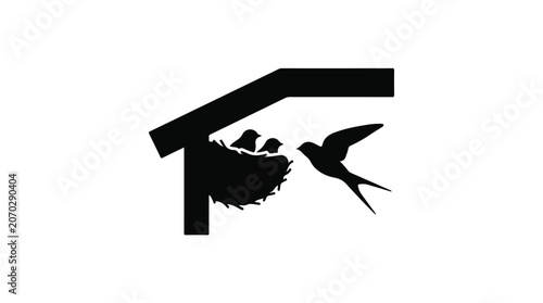 Tablou pe pânză Minimalist swallow bird nest silhouette, black mother bird feeding chicks under