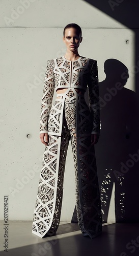 White Geometric Lattice Couture Ensemble On Model Against Shadowed Wall.