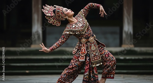 Traditional Dancer in Ornate Costume on Stage.