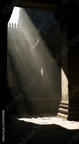 Sunlit Architectural Passage in Dim Cathedral Interior.