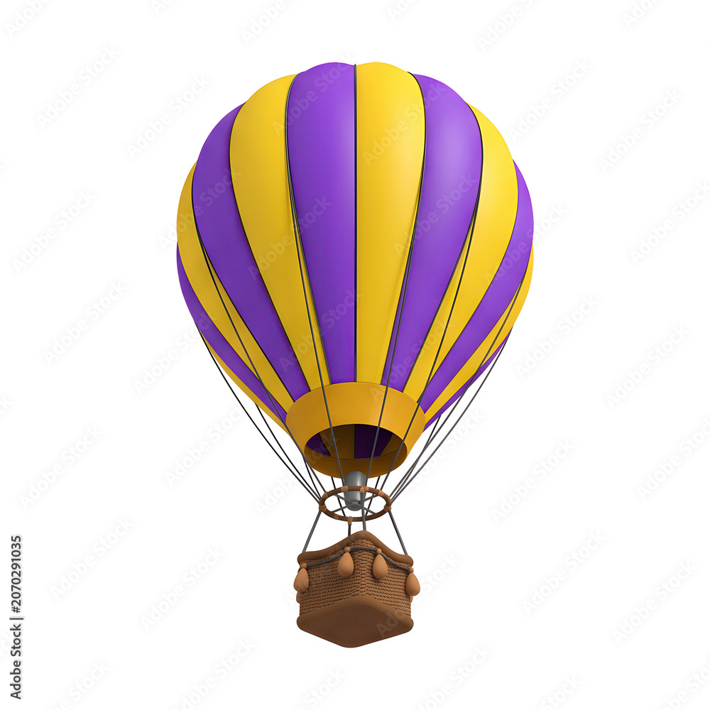 Fototapeta premium 3D Render of a Purple and Yellow Hot Air Balloon with Basket