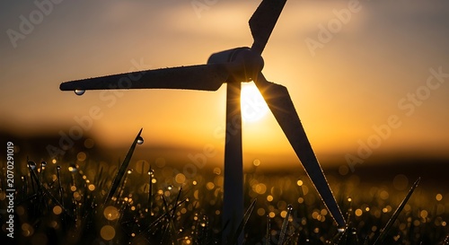 Wind turbine at sunset over rural field.