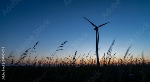 Wind Turbine Silhouette Over Golden Field At Sunset.