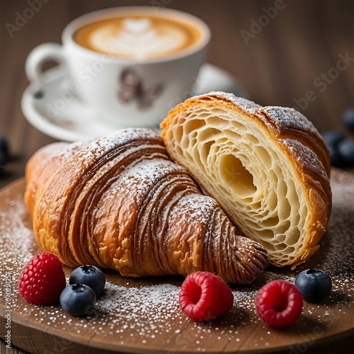 Golden Croissant with Chocolate Drizzle and Berries and Coffee.