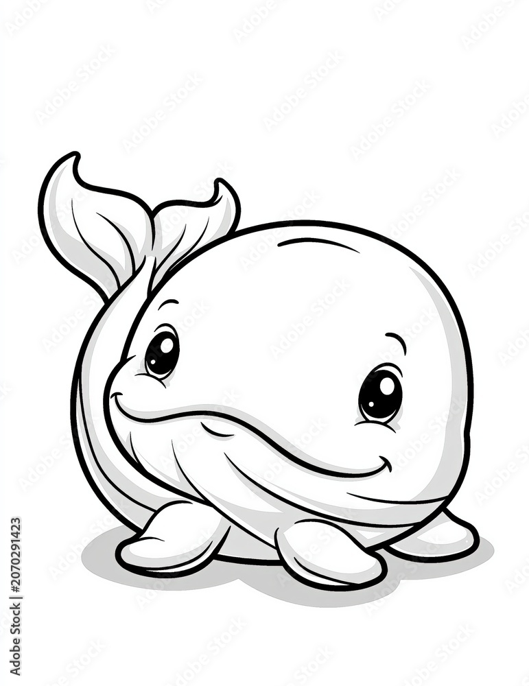 Fototapeta premium Cute cartoon baby whale illustration, adorable ocean mammal, simple line art for children's coloring page
