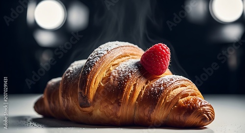 Golden croissant with raspberry jam on plate close up.
