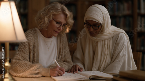 Middle-aged woman seated at a community library table traces alphabet letters in a workbook under soft lamp glow, an adult literacy tutor kneeling beside her with quiet
