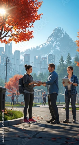 Business Partners Shake Hands In Urban Park With Mountain Backdrop.