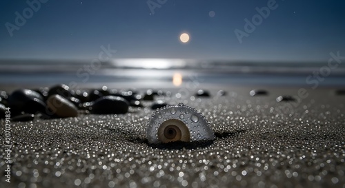 Sunlit Beach Seashell on Quiet Shore.