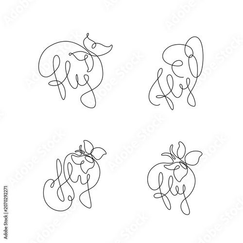 Set of four minimalist one line word illustrations featuring the word “fly” integrated with butterfly elements. Elegant continuous line typography for logos, branding and prints.