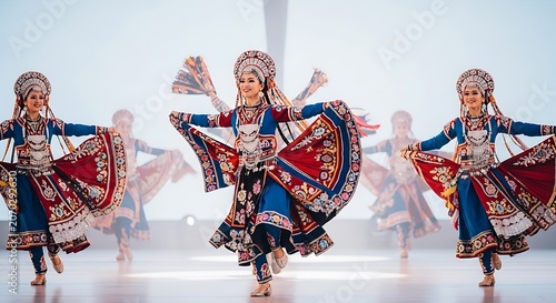Traditional Folk Dancers in Colorful Costume Performance on Stage.
