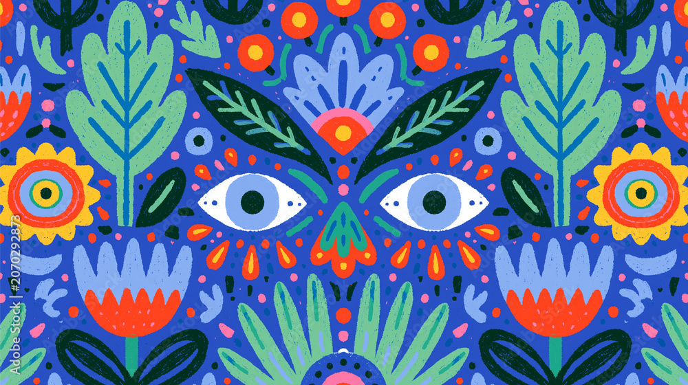 Fototapeta premium Vibrant floral pattern featuring eyes, leaves, and colorful flowers on a blue background.