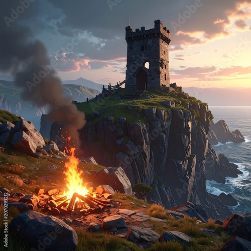 A stone tower stands atop a cliff overlooking an ocean at dusk. A bonfire burns in the foreground