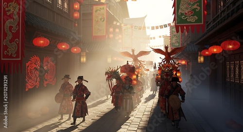 Traditional Street Parade with Red Lanterns and Foggy Silhouettes.